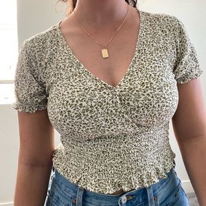 V-Neck Puffed Sleeve Smocked Blouse